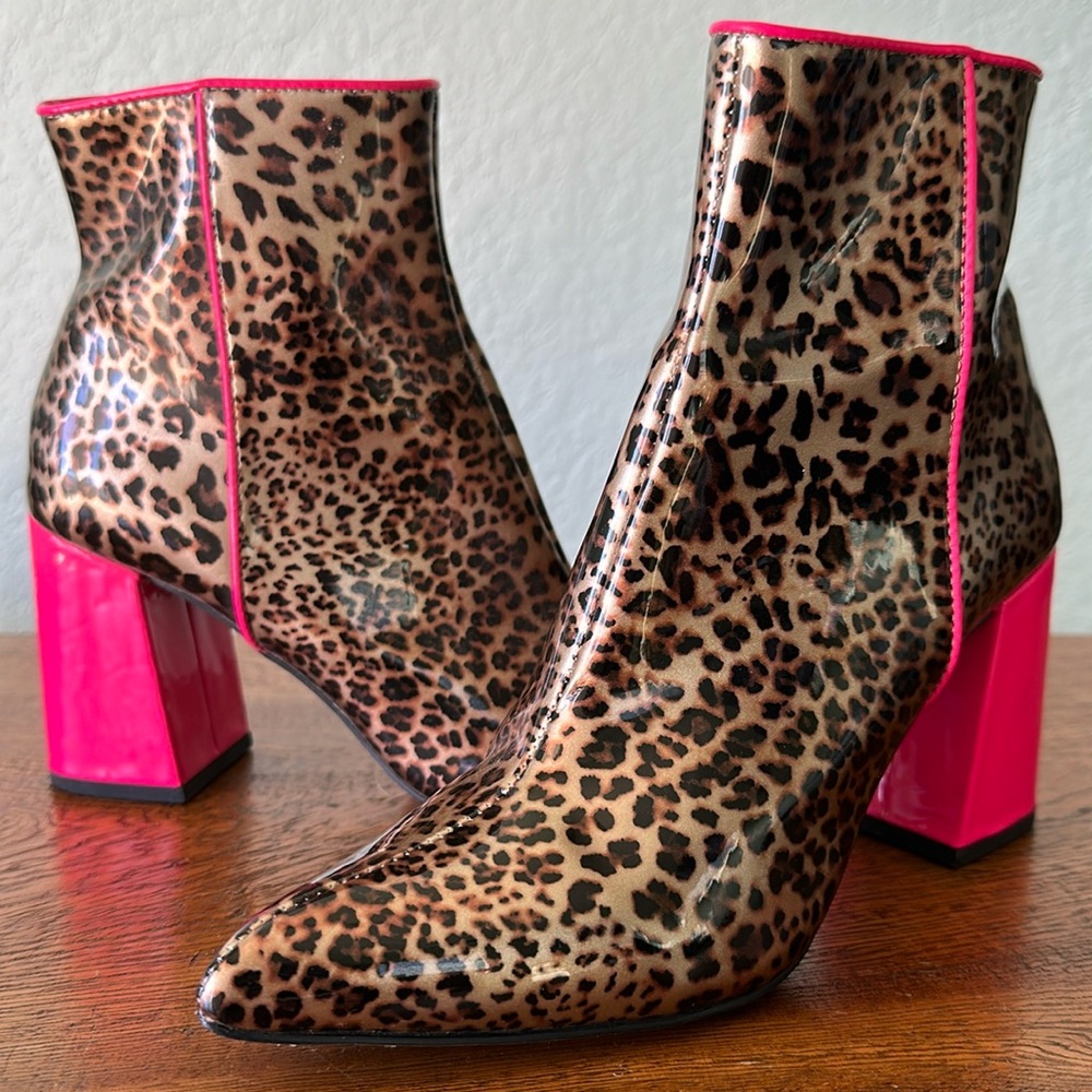 Betsey Johnson Leopard Print Ankle Boots with Pink Accents